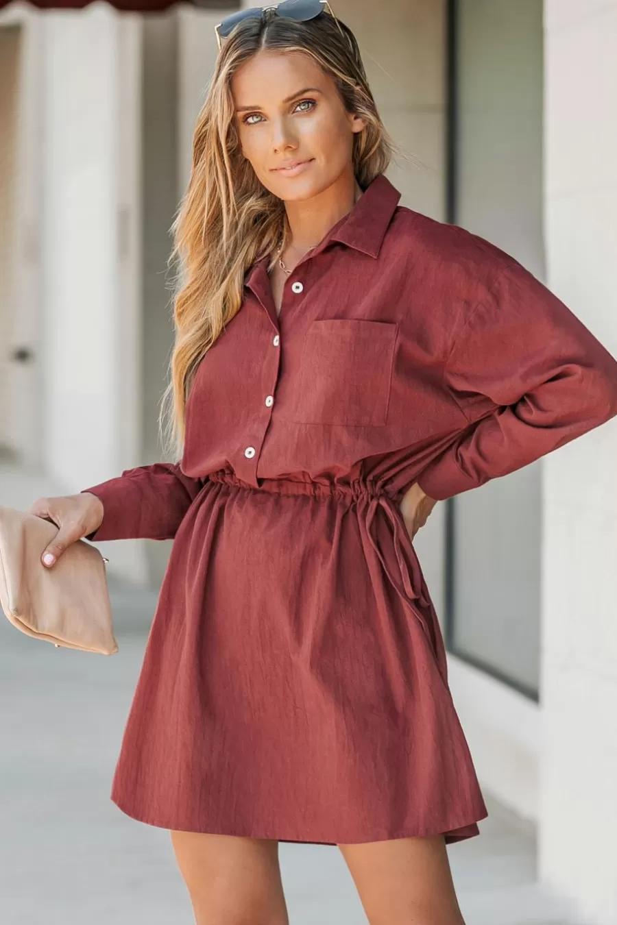 Cupshe Robe Courte*Robe Chemise Courte En Pur Coton à Boutons Sur Le Devant Bourgogne