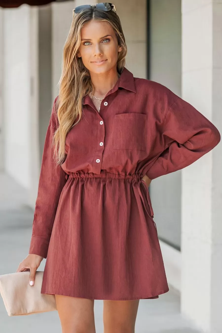 Cupshe Robe Courte*Robe Chemise Courte En Pur Coton à Boutons Sur Le Devant Bourgogne