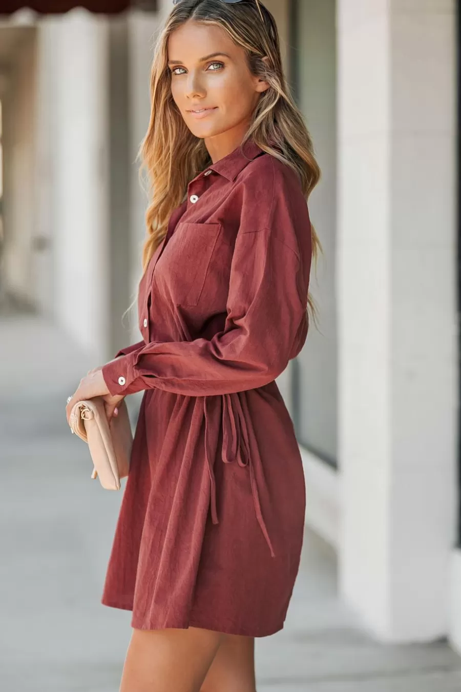 Cupshe Robe Courte*Robe Chemise Courte En Pur Coton à Boutons Sur Le Devant Bourgogne