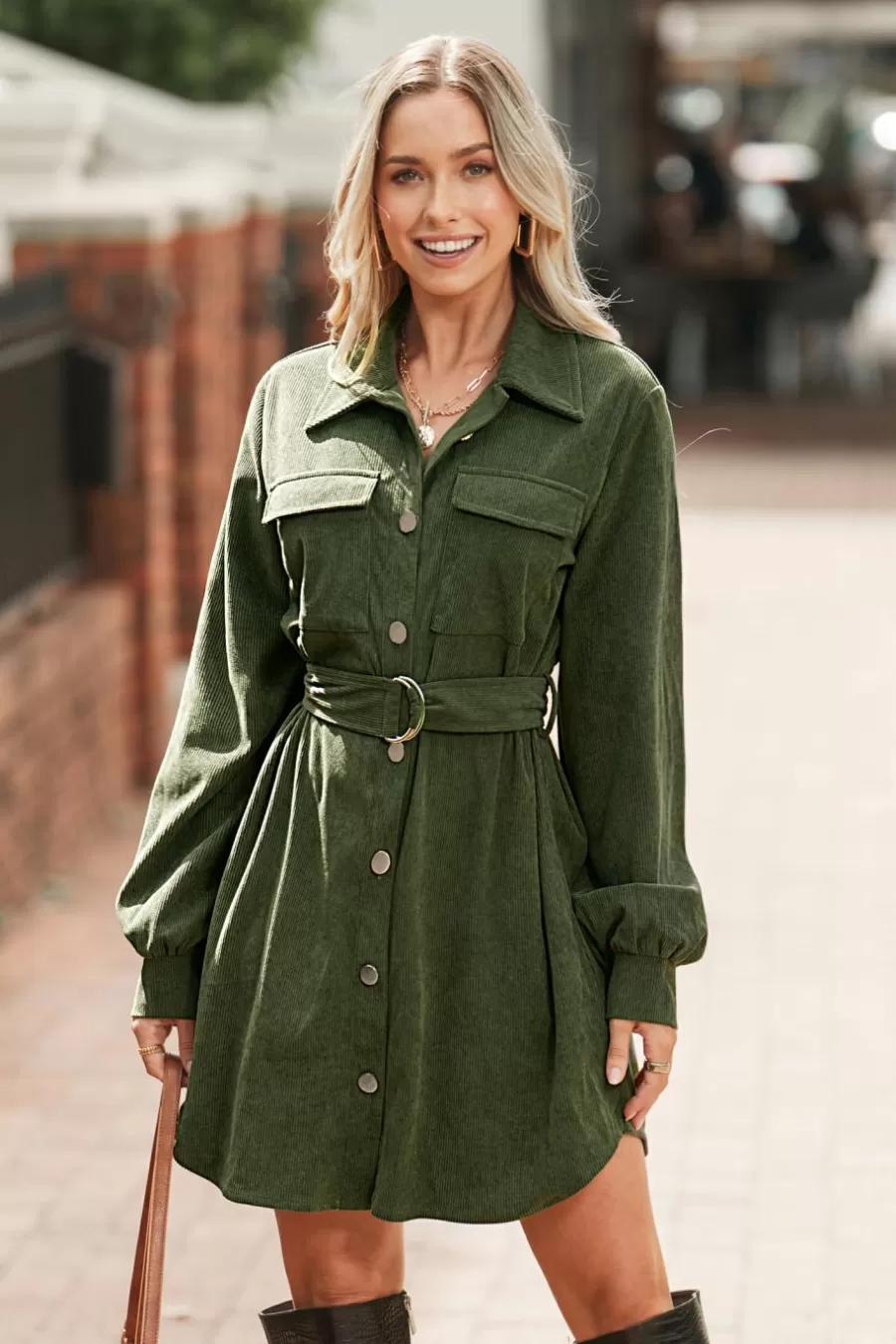 Cupshe Robe Courte*Robe Chemise Courte En Velours Côtelé à Manches Longues e Vert