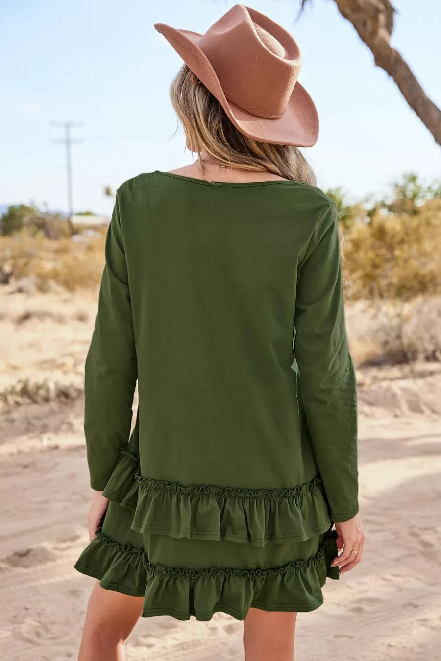 Cupshe Robe Courte*Robe Courte à Col Scoop Et Manches Longues Avec Ourlet à Volants Olive
