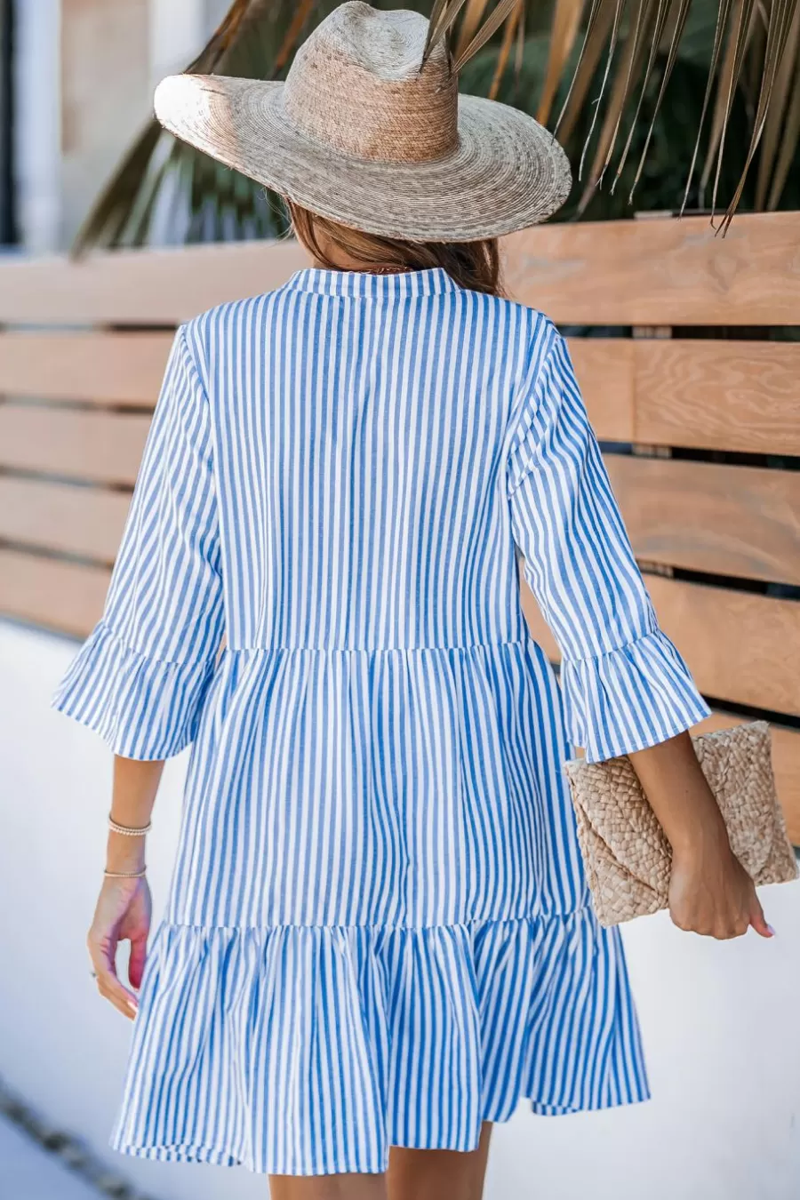 Cupshe Robe Courte*Robe Courte à Demi Manches Avec Poignets à Volants Et Rayures Bleu