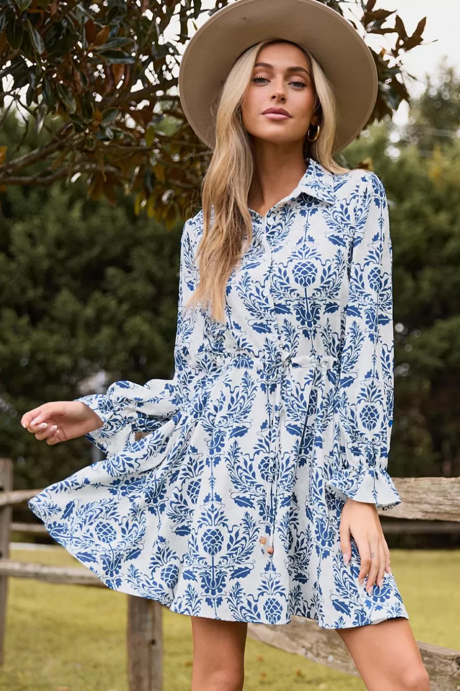 Cupshe Robe De Plage | Robe Courte*Robe Courte à Manches De Poète Et Boutons Orange Brûlé Bleu