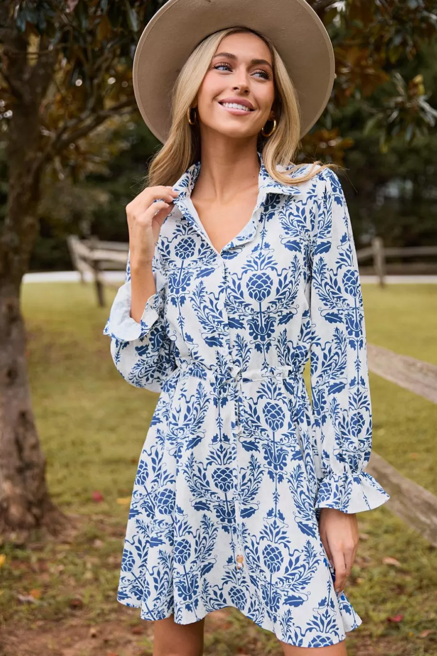 Cupshe Robe De Plage | Robe Courte*Robe Courte à Manches De Poète Et Boutons Orange Brûlé Bleu