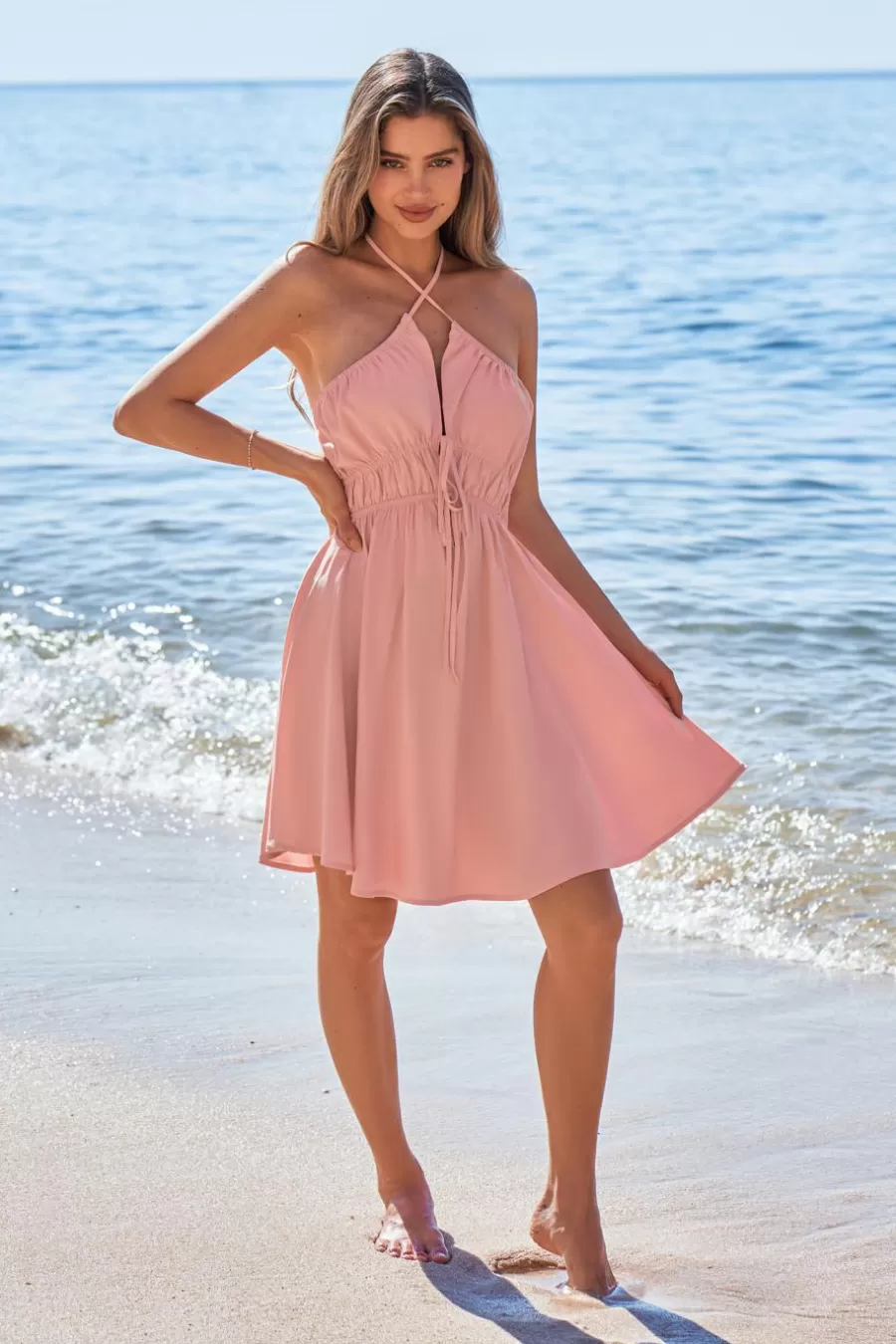 Cupshe Robe De Plage | Robe Courte*Robe Courte à Nouer Sur Le Devant De Couleur Pêche Rose