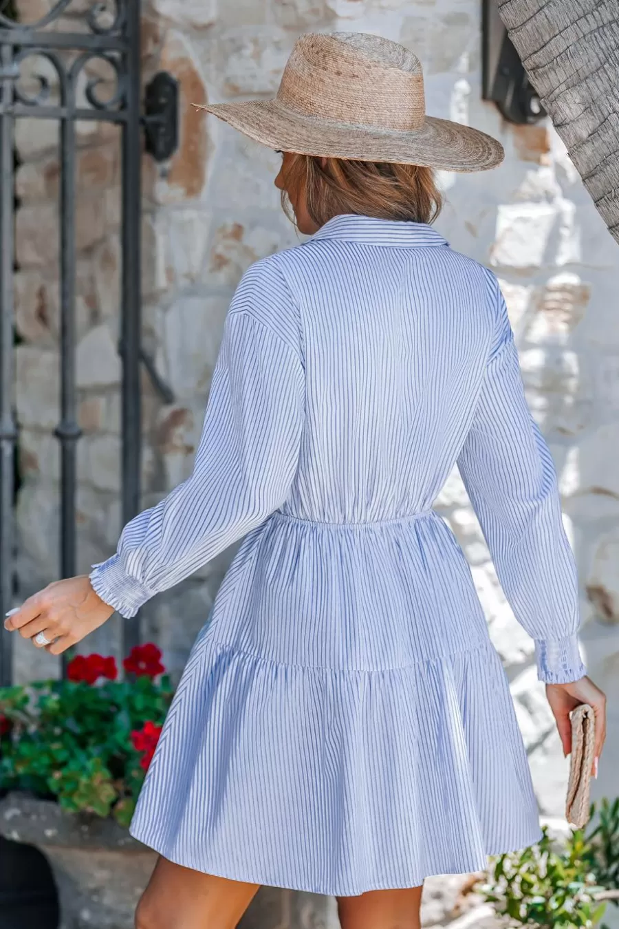 Cupshe Robe Courte | Robe Trapèze*Robe Courte à Rayures Et Col De Chemise Avec Manches Bouffantes Bleu