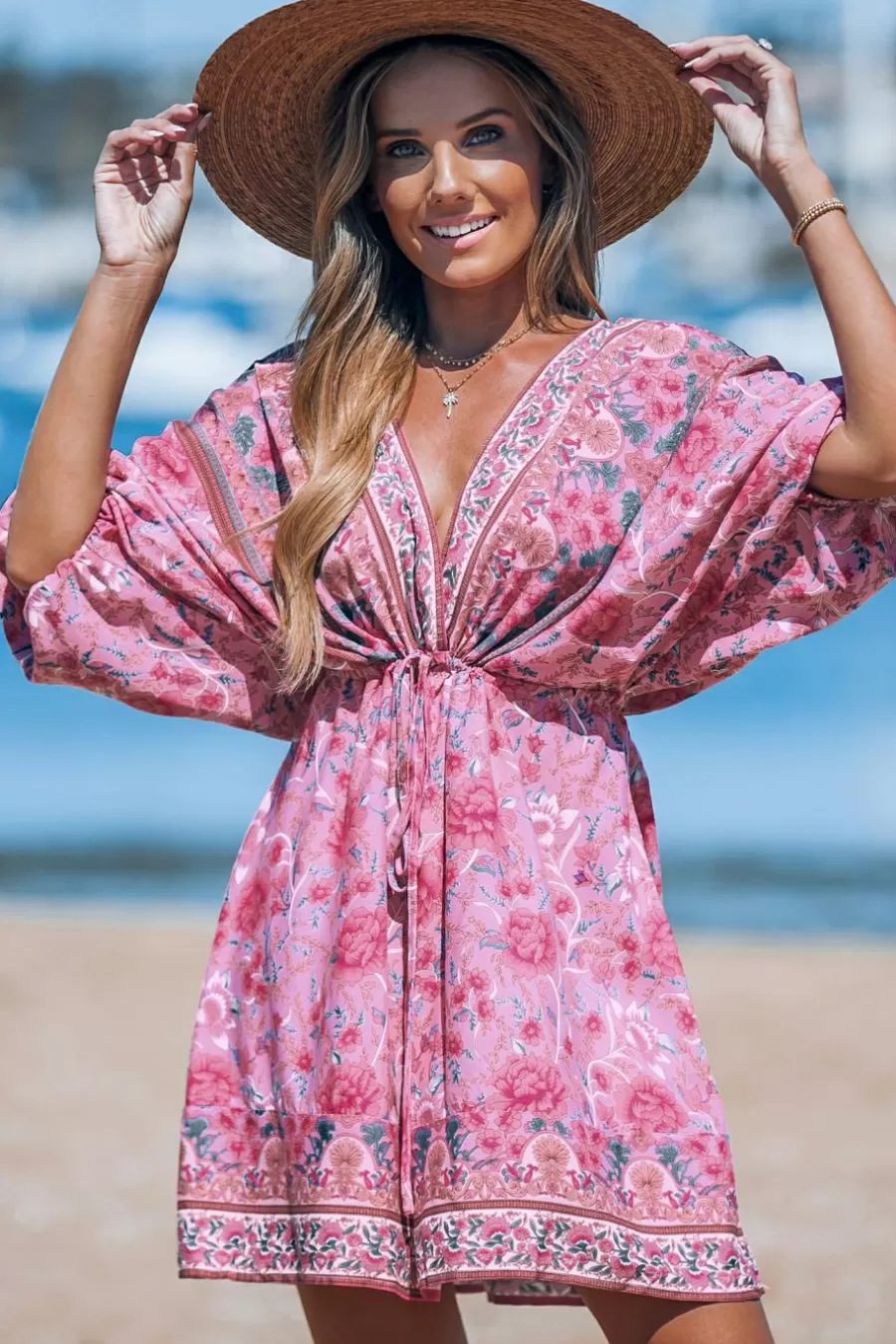 Cupshe Robe De Plage | Robe Courte*Robe Courte Avec Manches Blouson Et Col Plongeant à Fleurs s Rose