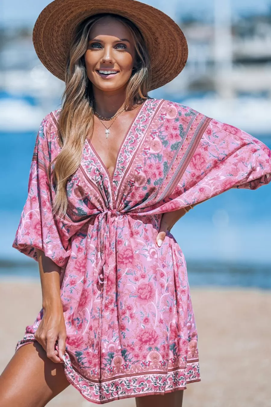 Cupshe Robe De Plage | Robe Courte*Robe Courte Avec Manches Blouson Et Col Plongeant à Fleurs s Rose