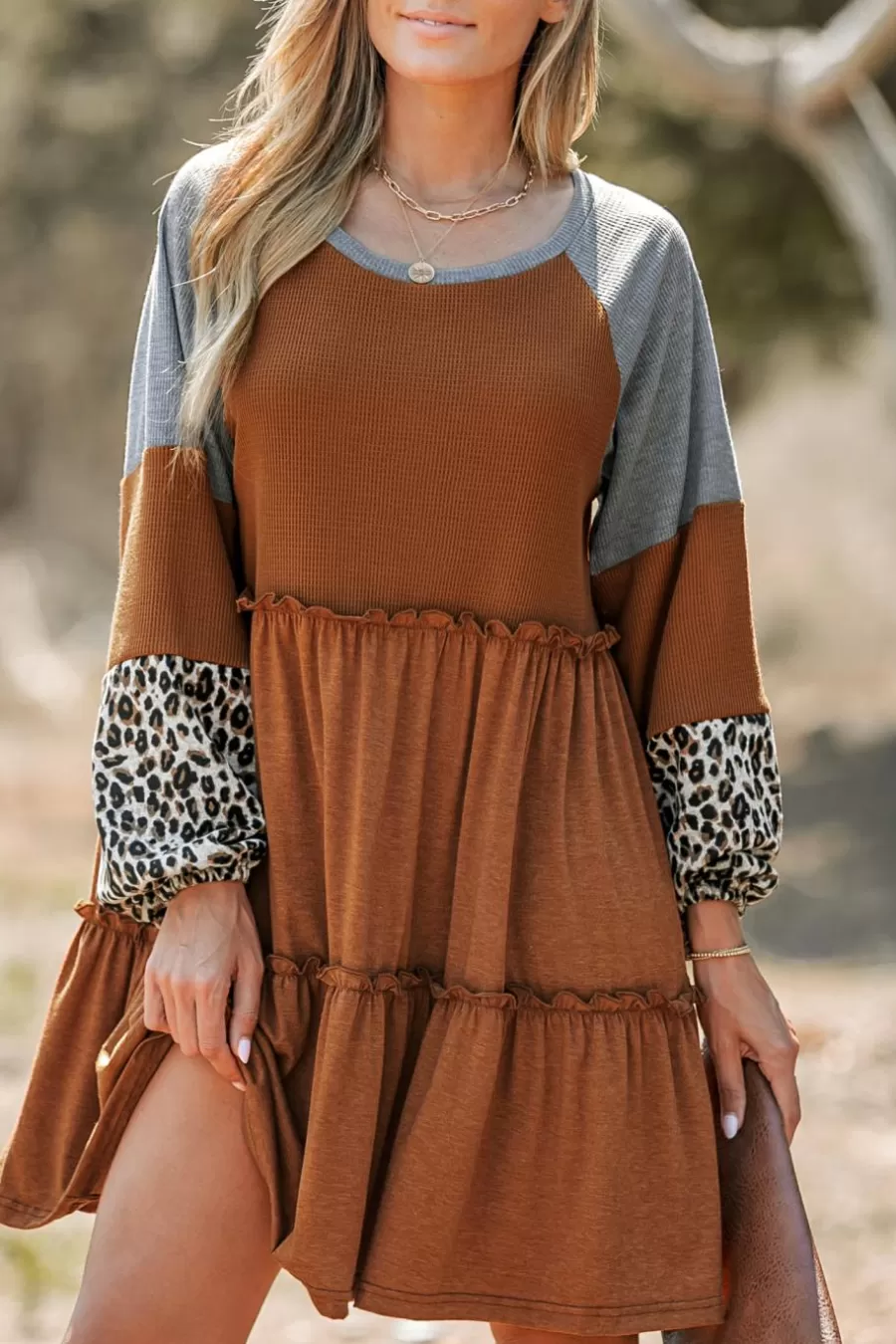 Cupshe Robe Courte*Robe Courte Robe à Volants Et Bloc De Couleur Léopard Brun