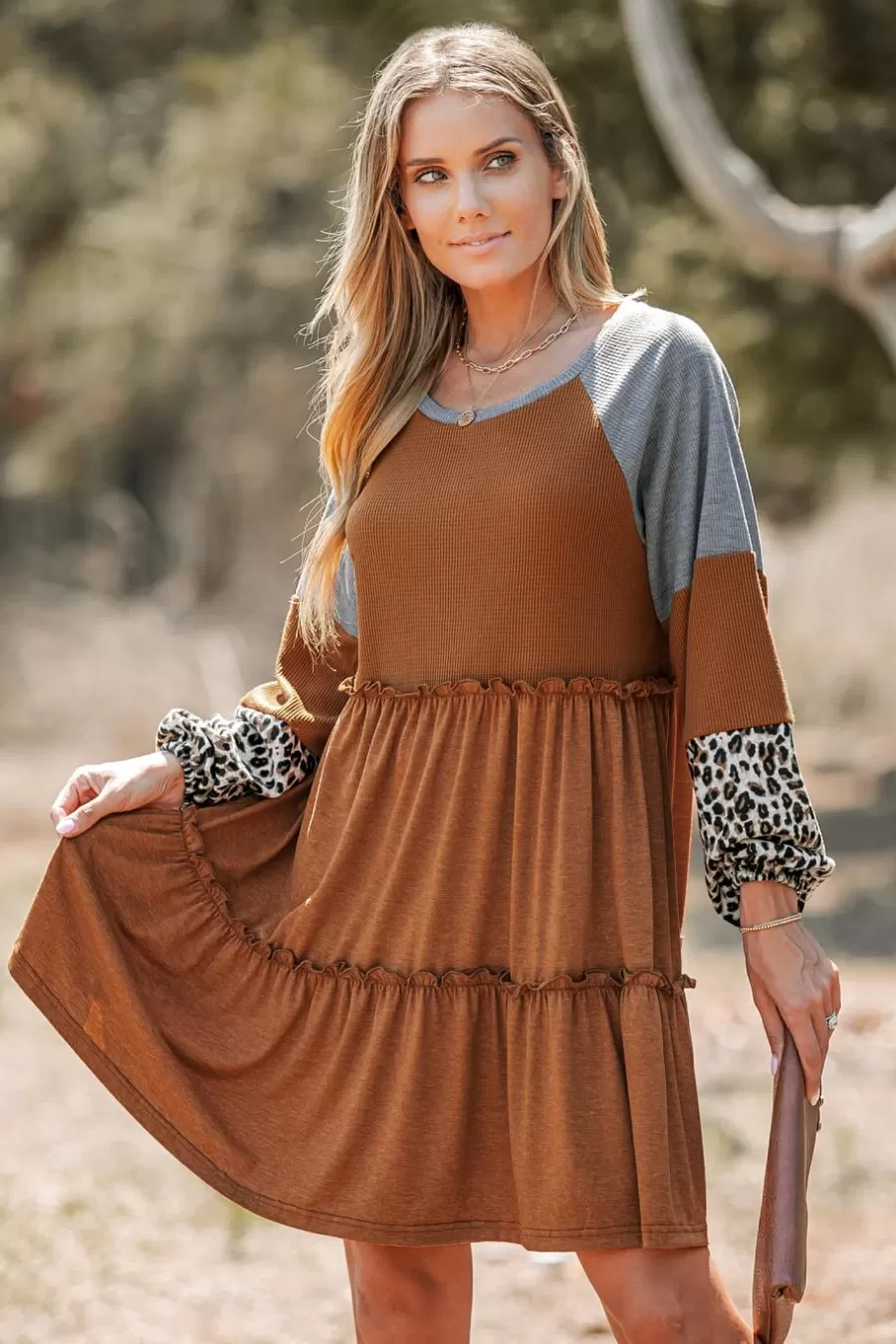 Cupshe Robe Courte*Robe Courte Robe à Volants Et Bloc De Couleur Léopard Brun