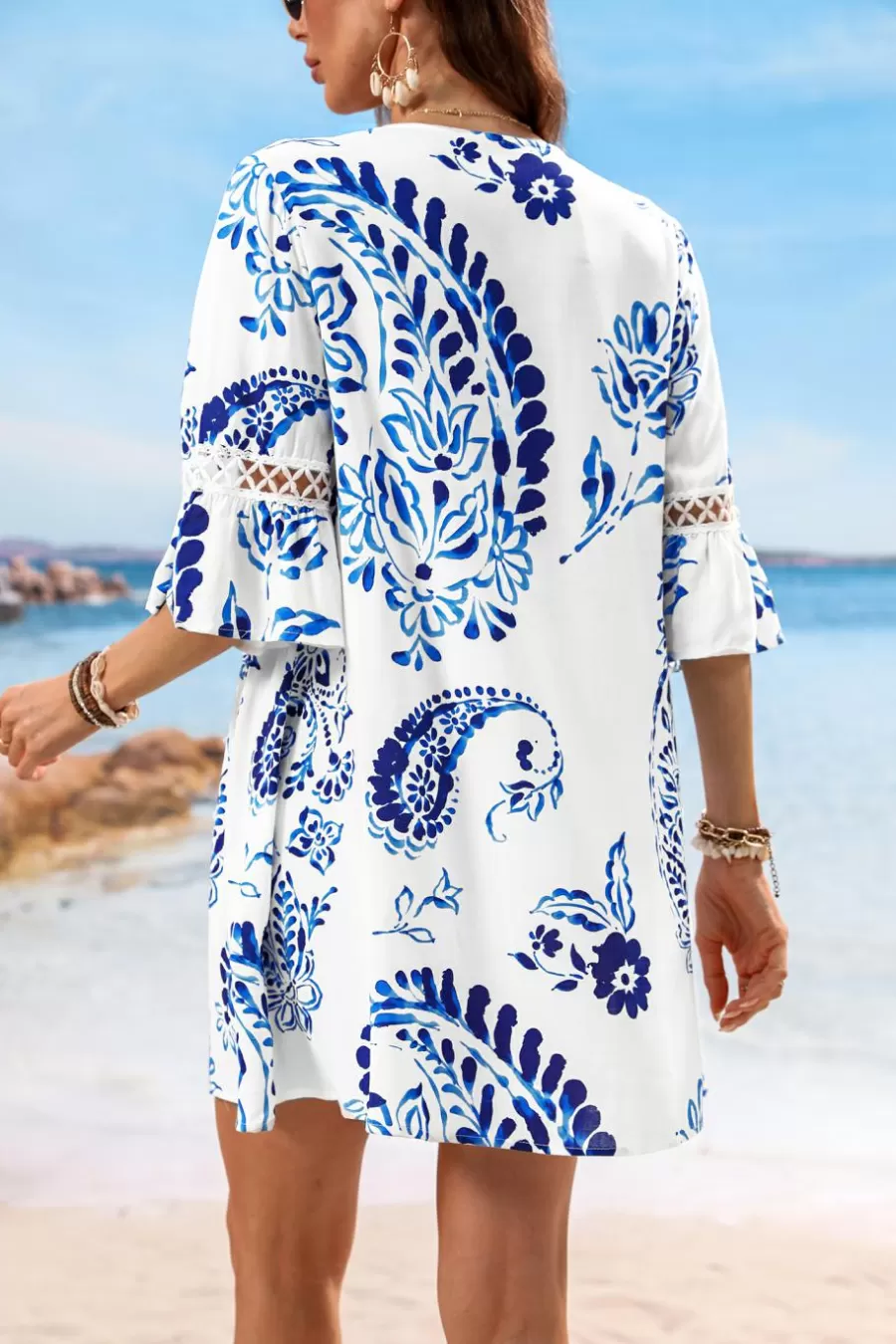 Cupshe Robe De Plage | Robe Courte*Robe En Dentelle à Imprimé Floral Paisley Bleu