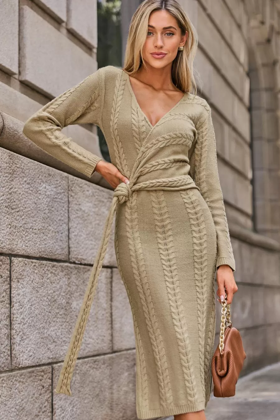 Cupshe Robe Pull | Pulls & Gilets*Robe En Tricot Torsadé à Col Surplis Et Nœud Sur Le Côté Sable
