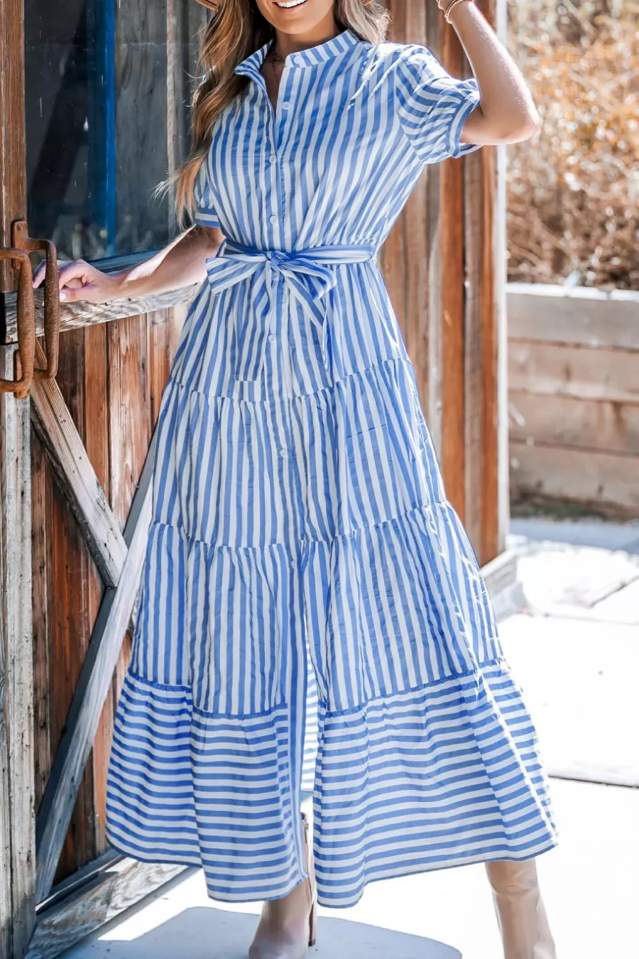 Cupshe Robe De Plage | Robe Trapèze*Robe Longue à Manches Bouffantes Et Aux Rayures Et Boutons e Bleu