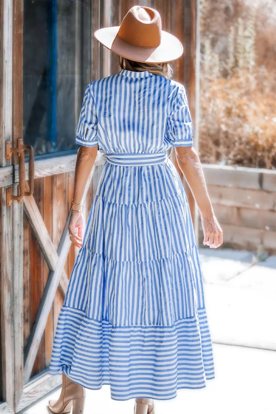 Cupshe Robe De Plage | Robe Trapèze*Robe Longue à Manches Bouffantes Et Aux Rayures Et Boutons e Bleu