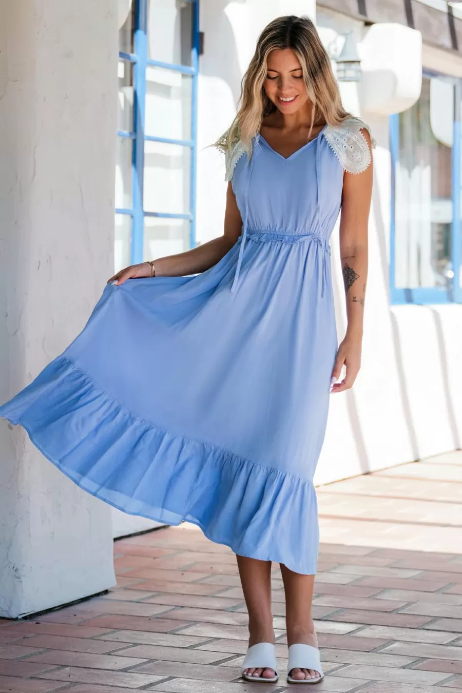 Cupshe Robe De Plage | Robe Trapèze*Robe Maxi à Col Fendu Et Manches En Dentelle Bleu Ciel Azur