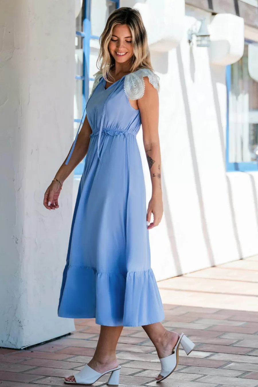 Cupshe Robe De Plage | Robe Trapèze*Robe Maxi à Col Fendu Et Manches En Dentelle Bleu Ciel Azur