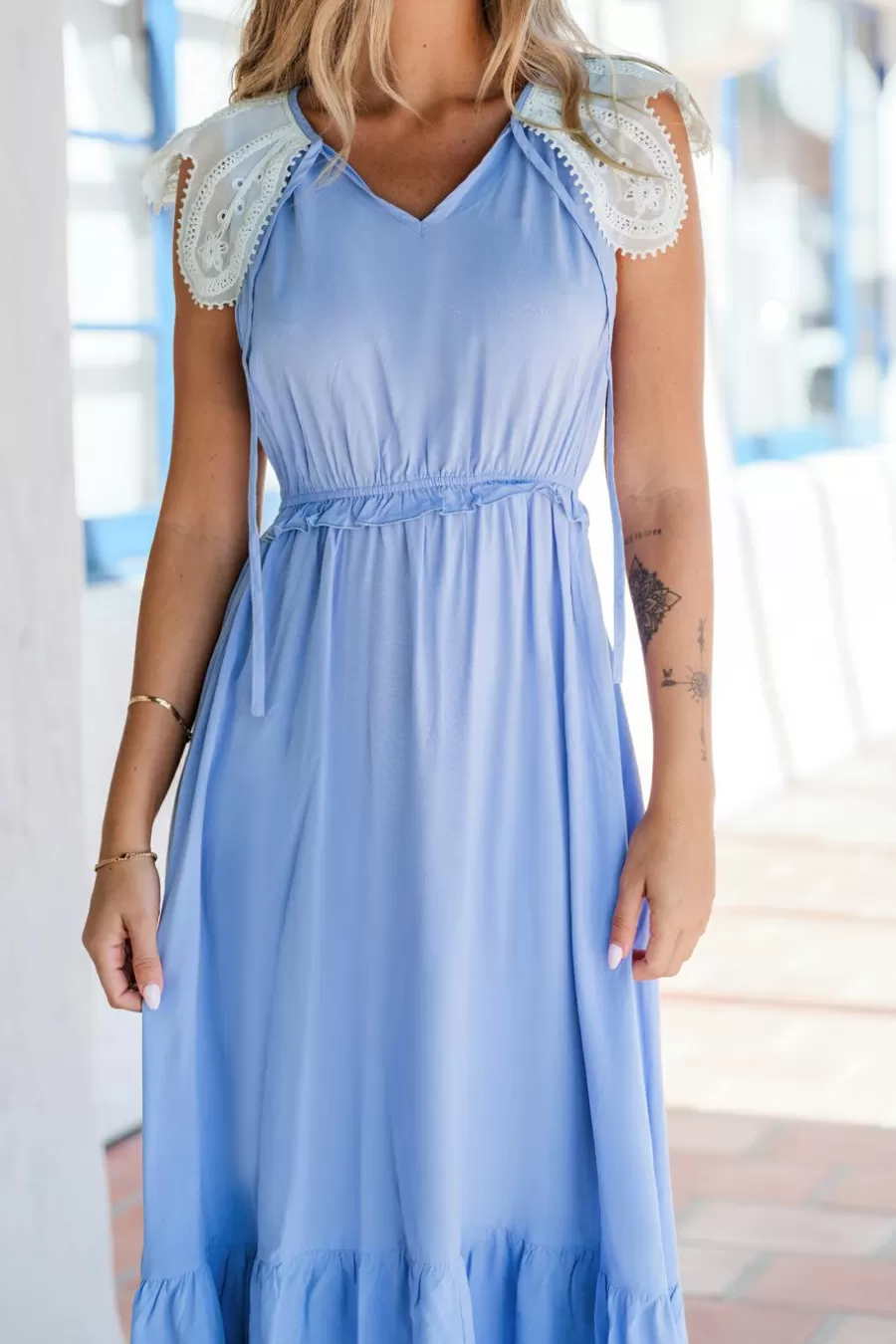 Cupshe Robe De Plage | Robe Trapèze*Robe Maxi à Col Fendu Et Manches En Dentelle Bleu Ciel Azur