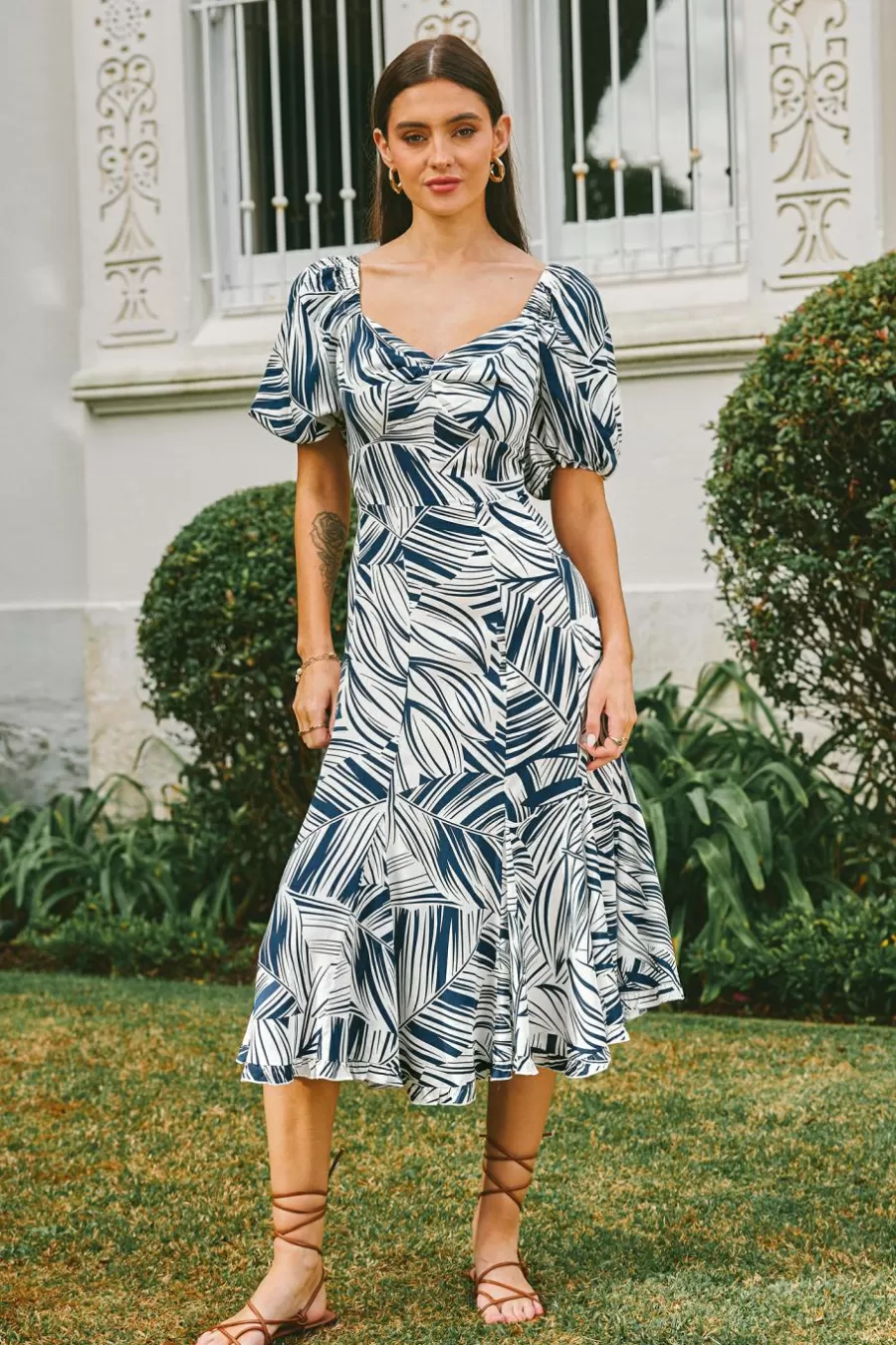 Cupshe Robe De Plage | Robe Trapèze*Robe Midi à Manches Bouffantes Et Col En Cœur Abstraite he Blanc