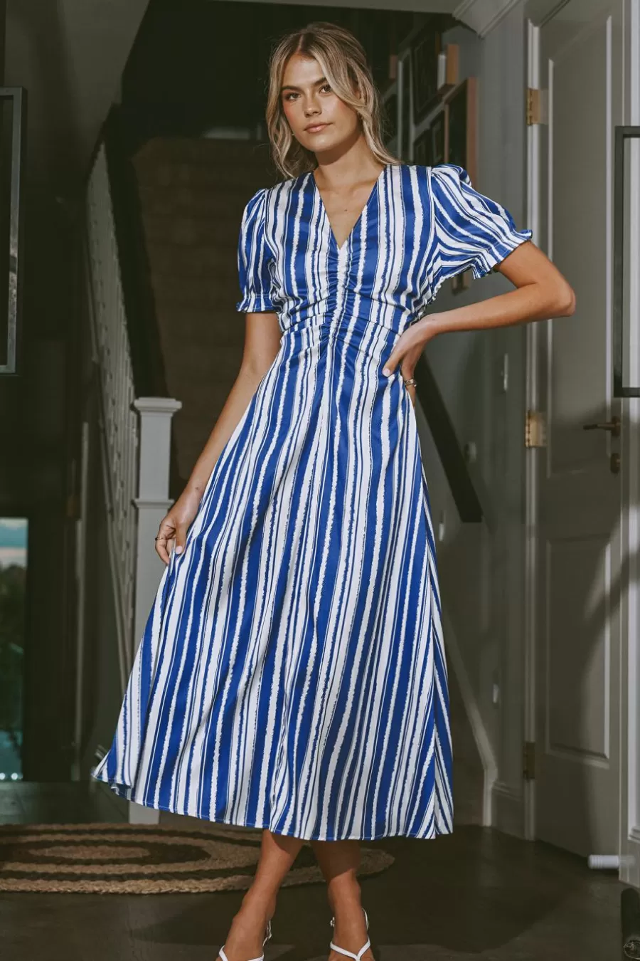 Cupshe Robe De Plage | Robe Trapèze*Robe Midi à Rayures Avec Manches Bouffantes Et Col En V Cobalt