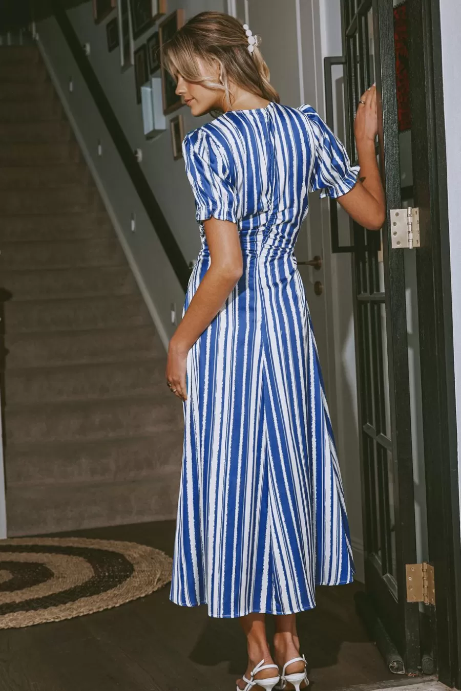 Cupshe Robe De Plage | Robe Trapèze*Robe Midi à Rayures Avec Manches Bouffantes Et Col En V Cobalt