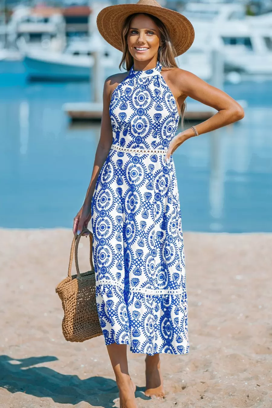 Cupshe Robe De Plage | Robe Trapèze*Robe Midi Sans Manches à Col Licou Orné e Et Blanche Bleu