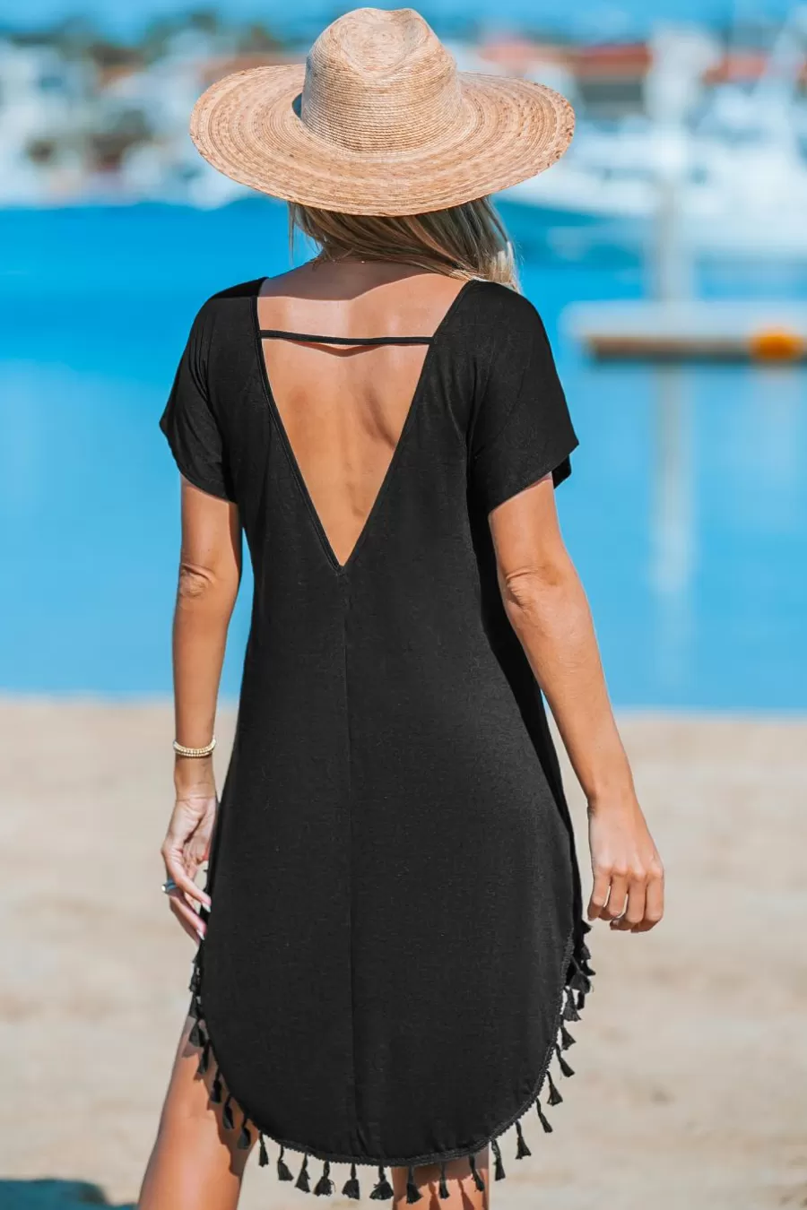 Cupshe Robe De Plage | Robe Courte*Robe Mini à Col Rond Et Manche Courte Avec Ourlet à Glands e Noir