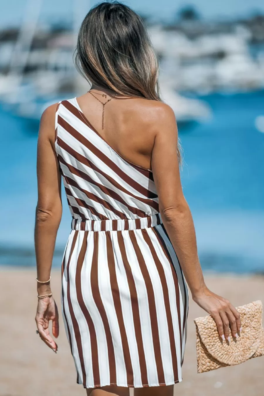 Cupshe Robe De Plage | Robe Courte*Robe Mini Asymétrique à Une épaule Et Rayures es Et Blanches Brun