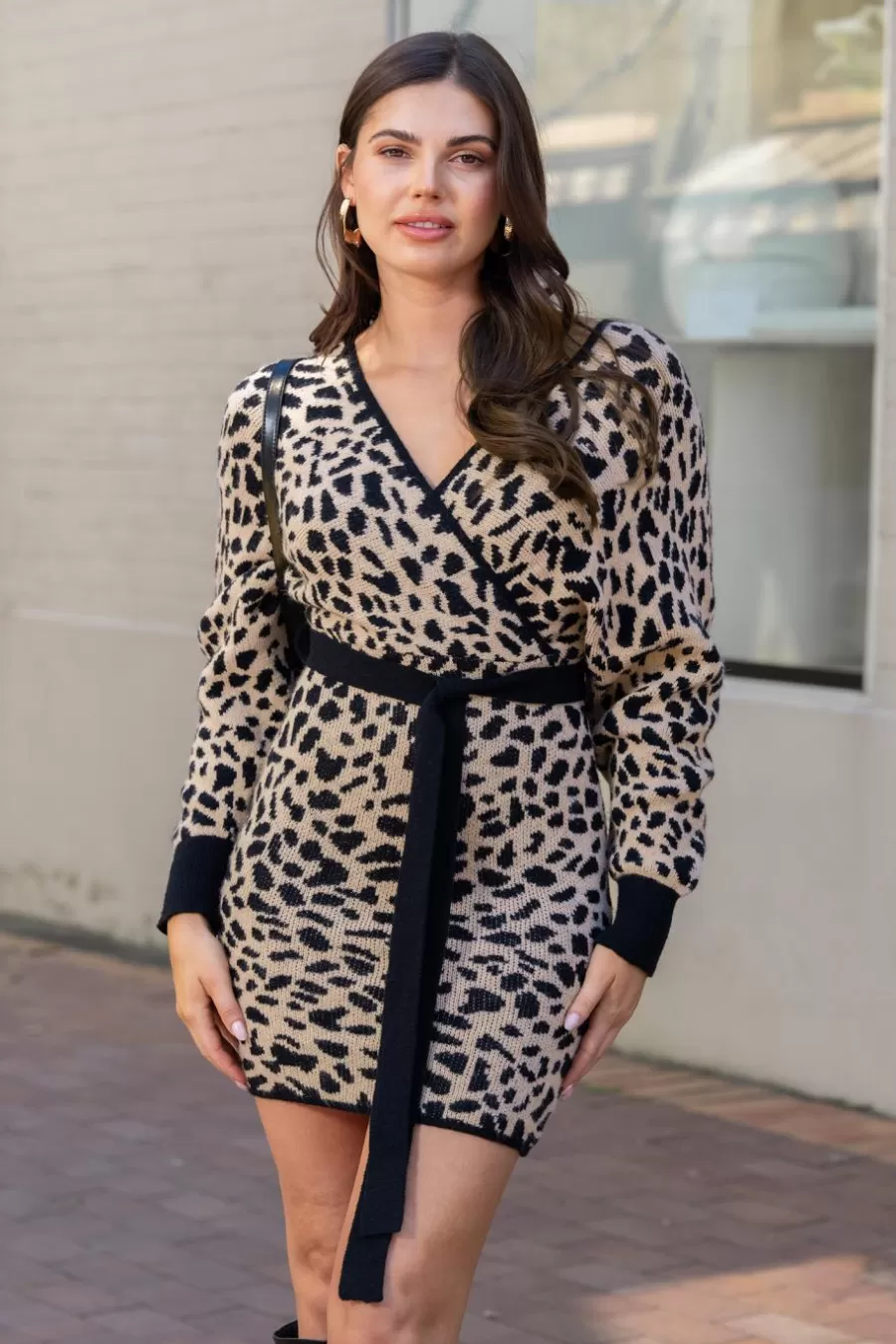 Cupshe Robe Pull | Robe Courte*Robe Pull Courte Avec Nœud à La Taille En Léopard Brun