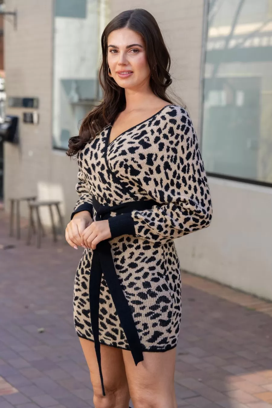 Cupshe Robe Pull | Robe Courte*Robe Pull Courte Avec Nœud à La Taille En Léopard Brun