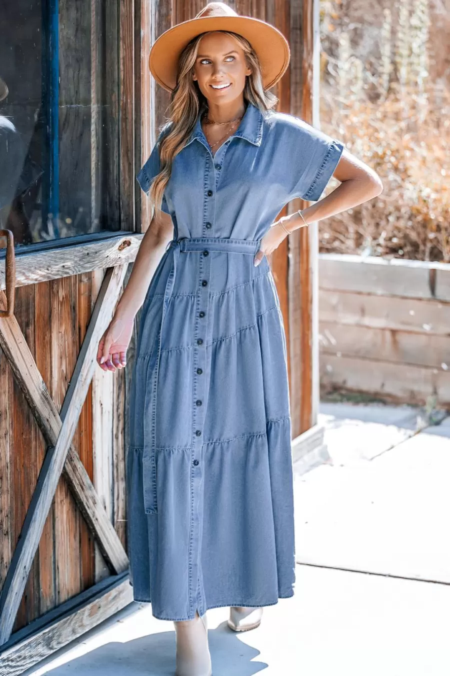 Cupshe Robe Trapèze | Robe Longue*Robe T-shirt Longue à Col De Chemise Et Boutons Sur Le Devant Bleu
