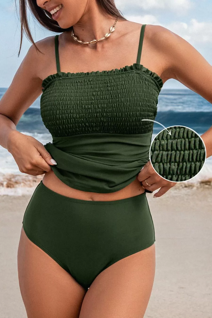 Cupshe Maillot 1 Pièce | Bikini*Tankini à Corset Avec Smocks Avec Bas Standard Olive