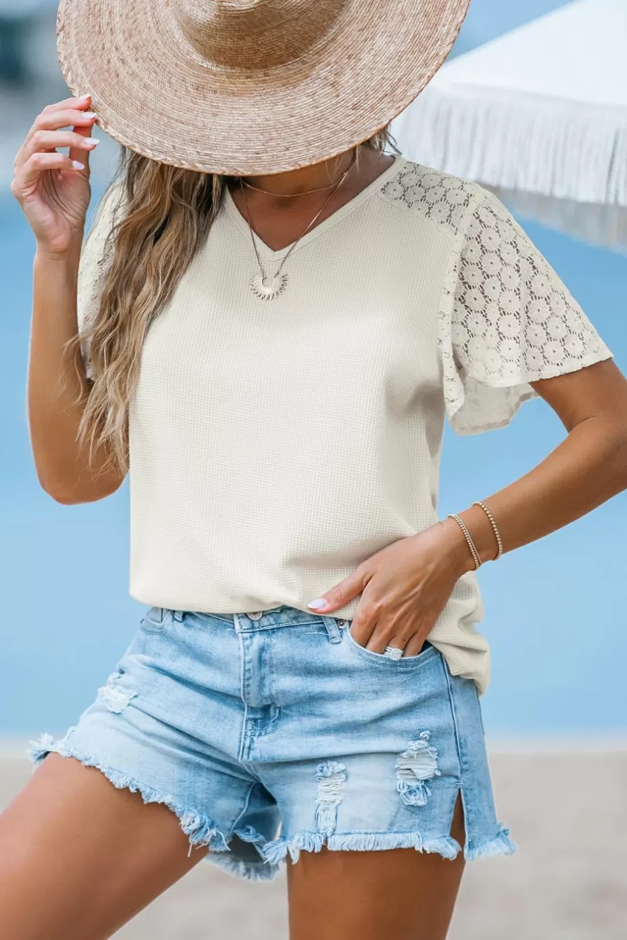 Cupshe T-Shirt & Débardeur | Chemise & Blouse*T-shirt En Dentelle Avec Manches Courtes Et Col En V Abricot