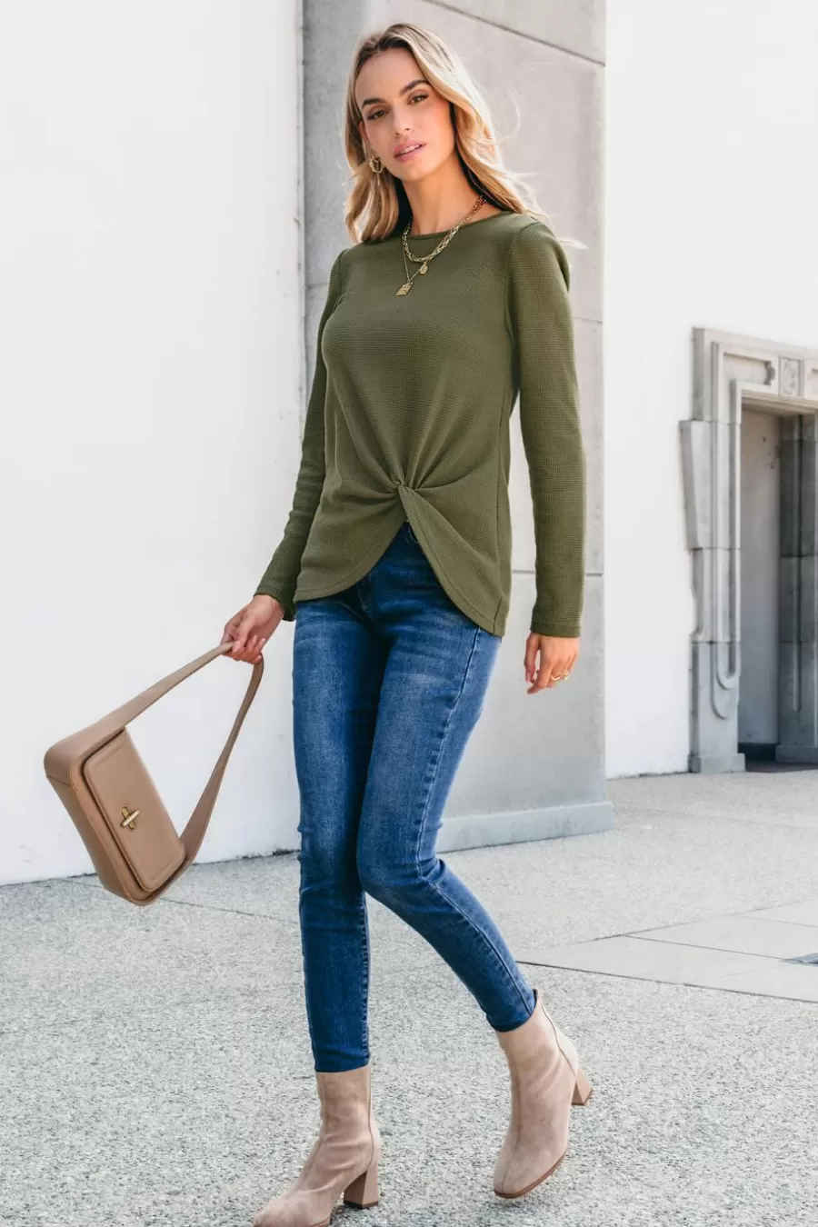 Cupshe T-Shirt & Débardeur | Chemise & Blouse*T-shirt En Tricot Gaufré à Manches Longues Et Ourlet Torsadé Vert